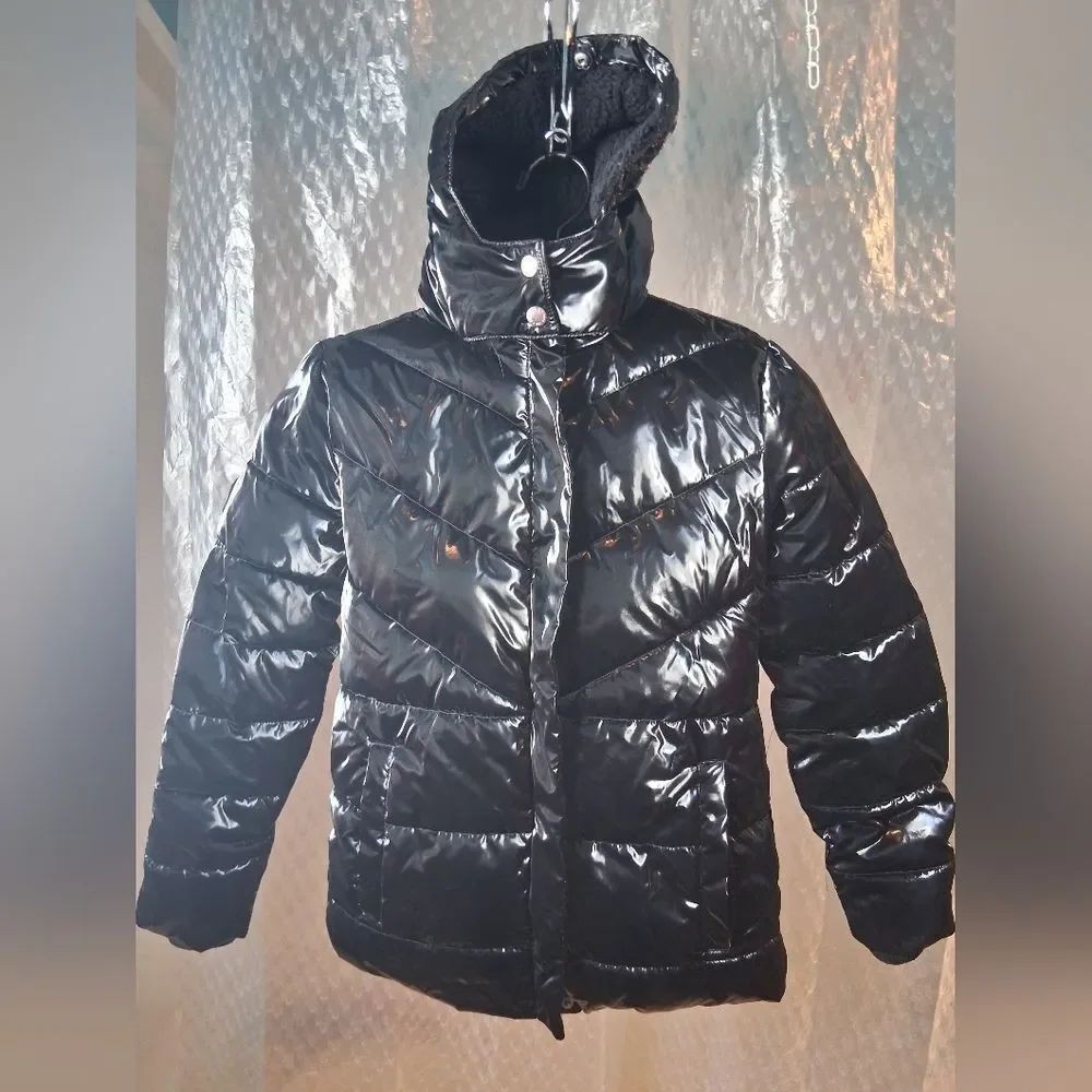 Justice Shiny Black Puffer Jacket with High Collar Sz M-10 Preowned